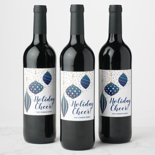Blue Gold Christmas Ornaments Dots Holiday Wine Label (Bottles)