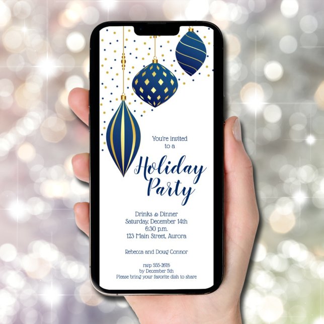 Blue Gold Christmas Ornaments Holiday Invitation (Blue Gold Christmas Ornaments Holiday Invitations - INSTANT DOWNLOAD and/or PRINTED)