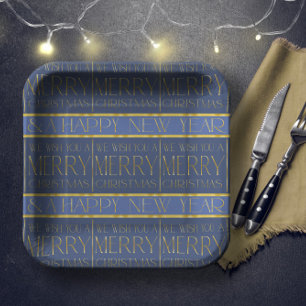 Blue Gold Christmas Pattern#34 ID1009 Paper Plate