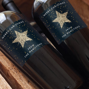 Blue & Gold Christmas Star Wine Label