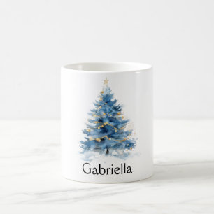 Blue Gold Christmas Tree Name Coffee Mug