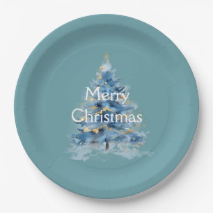 Blue Gold Christmas Tree Paper Plate