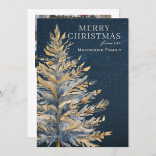 Blue Gold Christmas Tree Photo Personalized Holiday Card