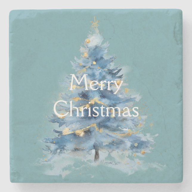 Blue Gold Christmas Tree Stone Coaster (Front)