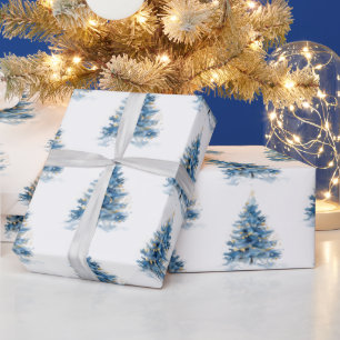 Blue Gold Christmas Trees Wrapping Paper