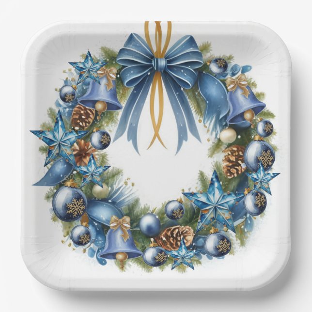 Blue & Gold Christmas Wreath Square Paper Plates (Front)
