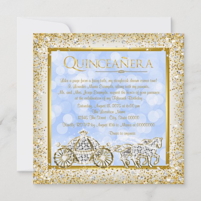 Blue Gold Cinderella Princess Quinceanera Invitation (Front)