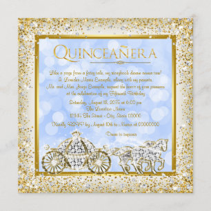 Blue Gold Cinderella Princess Quinceanera Invitation