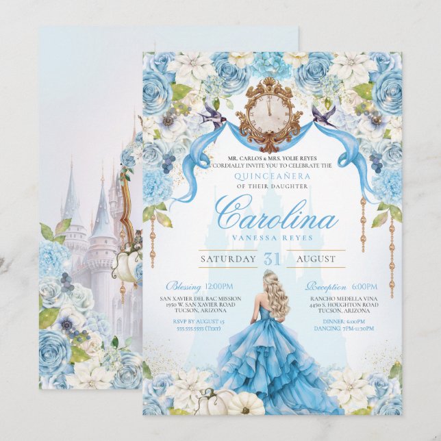 Blue Gold Cinderella Quinceanera Luxury Birthday Invitation (Front/Back)
