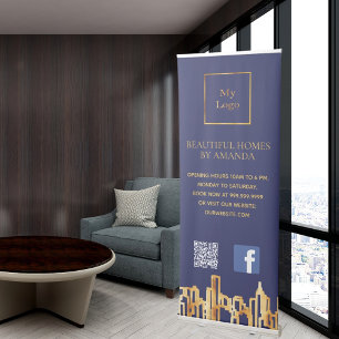 Blue gold city skyline business logo Facebook Retractable Banner
