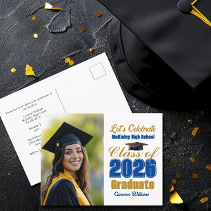 Blue Gold Class of 2026 Photo Graduation Party Invitation Postcard