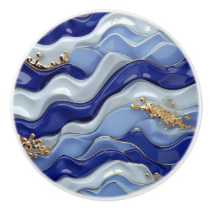 Blue Gold Coastal Beach Nautical Waves Ceramic Knob