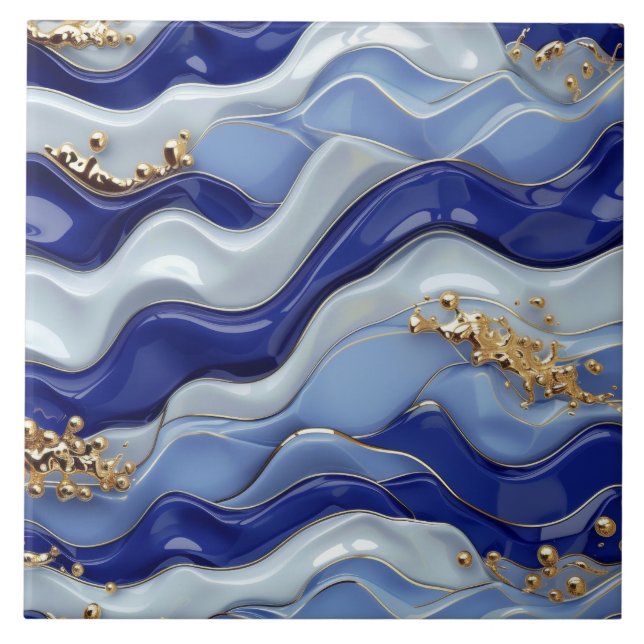 Blue Gold Coastal Beach Nautical Waves Tile (Front)