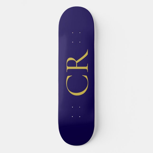 Blue & Gold Color Monogram Modern Minimalist  Skateboard (Front)