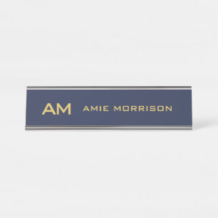 Blue Gold Colours Monogram Initial Letters Name Desk Name Plate