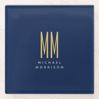 Blue Gold Colours Monogram Initial Letters Name Glass Coaster