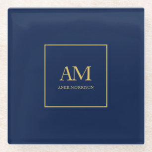 Blue Gold Colours Monogram Initial Letters Name Glass Coaster