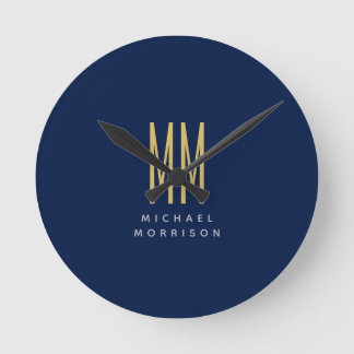 Blue Gold Colours Monogram Initial Letters Name Round Clock