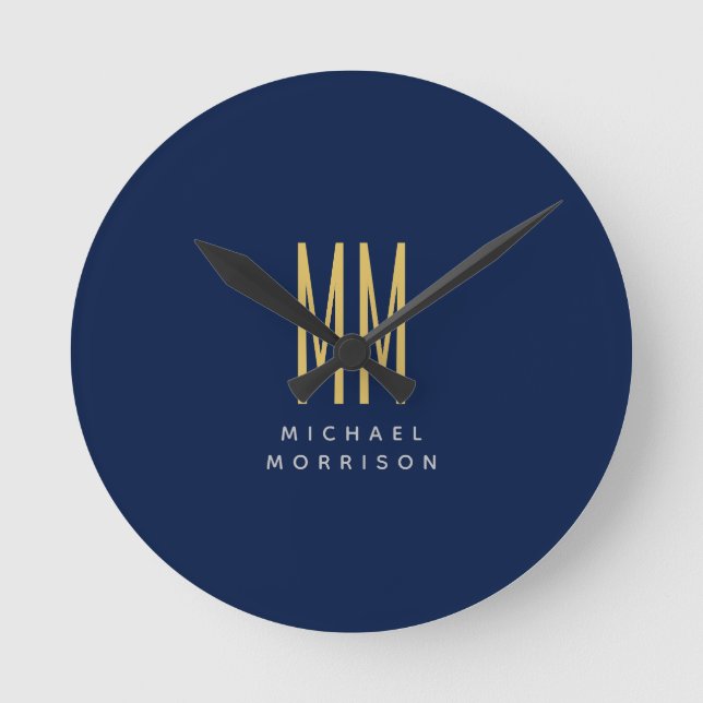 Blue Gold Colours Monogram Initial Letters Name Round Clock (Front)