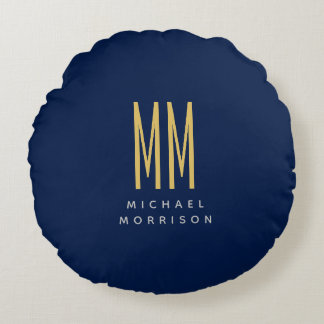 Blue Gold Colours Monogram Initial Letters Name Round Cushion