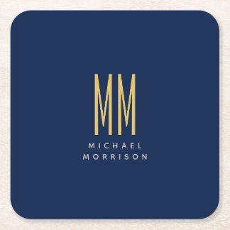 Blue Gold Colours Monogram Initial Letters Name Square Paper Coaster