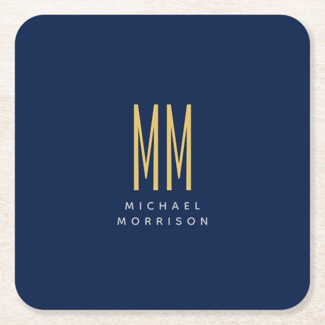 Blue Gold Colours Monogram Initial Letters Name Square Paper Coaster (Front)