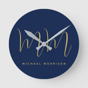Blue Gold Colours Professional Initial Letters Nam Round Clock