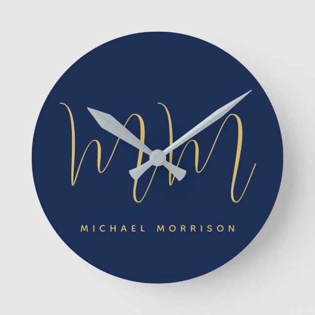 Blue Gold Colours Professional Initial Letters Nam Round Clock (Front)