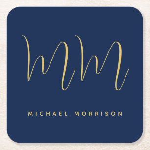 Blue Gold Colours Professional Initial Letters Nam Square Paper Coaster