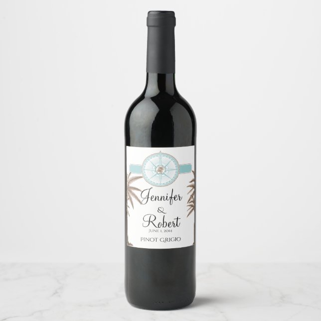 Blue Gold Compass Rose Beach Wedding Wine Label (Front)