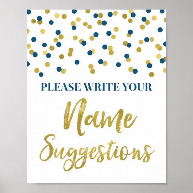 Blue Gold Confetti Baby Shower Name Suggestion Poster (Front)