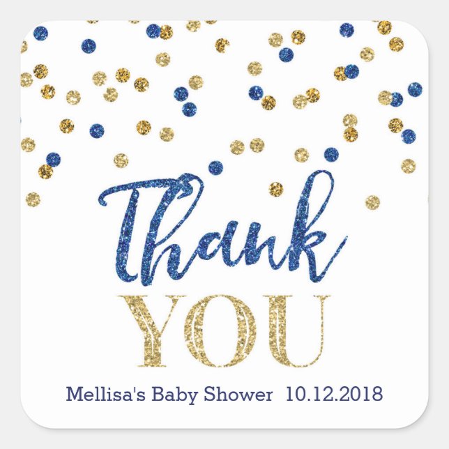 Blue Gold Confetti Baby Shower Thank You Sticker (Front)