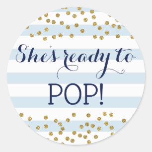 Blue Gold Confetti Boy Baby Shower Ready to Pop Classic Round Sticker