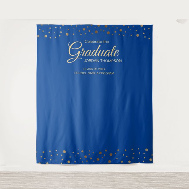 Blue Gold Confetti Class  backdrop graduation Tapestry (Front)