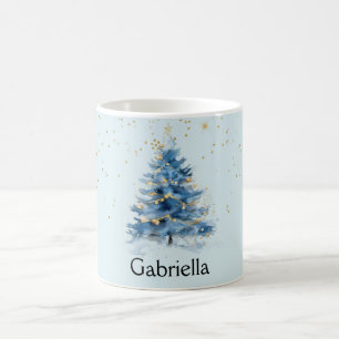 Blue Gold Confetti Dots Christmas Tree Name Coffee Mug