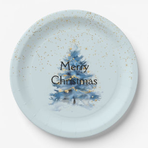 Blue Gold Confetti Dots Christmas Tree Paper Plate