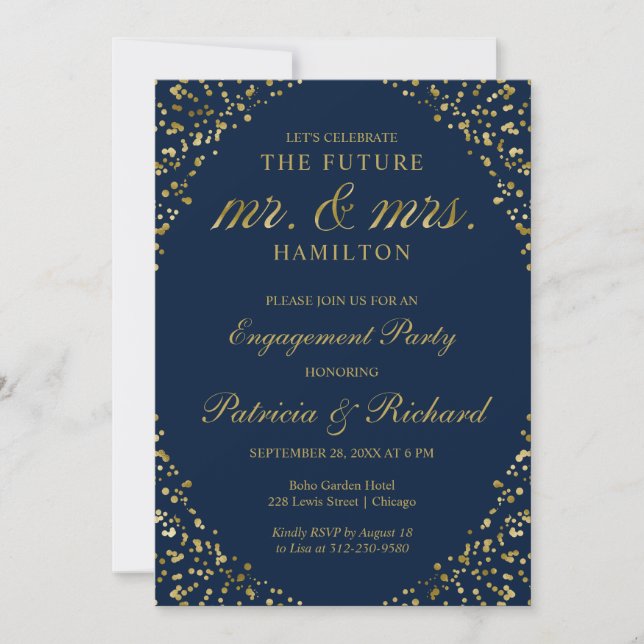Blue Gold Confetti Engagement Party Invitation (Front)