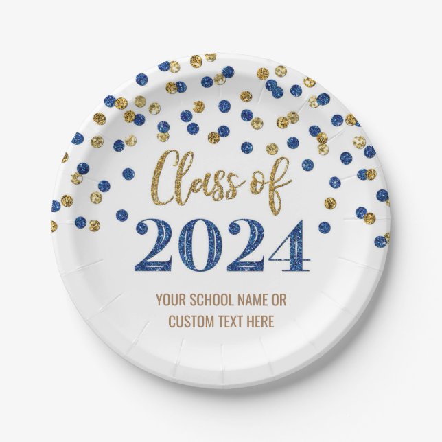Blue Gold Confetti Graduation 2024 Paper Plate (Front)