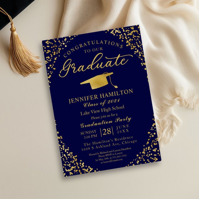 Blue Gold Confetti Graduation Party Invitation (Creator Uploaded)