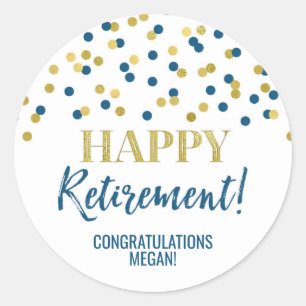 Blue Gold Confetti Happy Retirement Classic Round Sticker