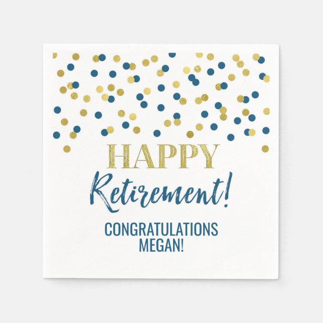 Blue Gold Confetti Happy Retirement Napkin (Front)