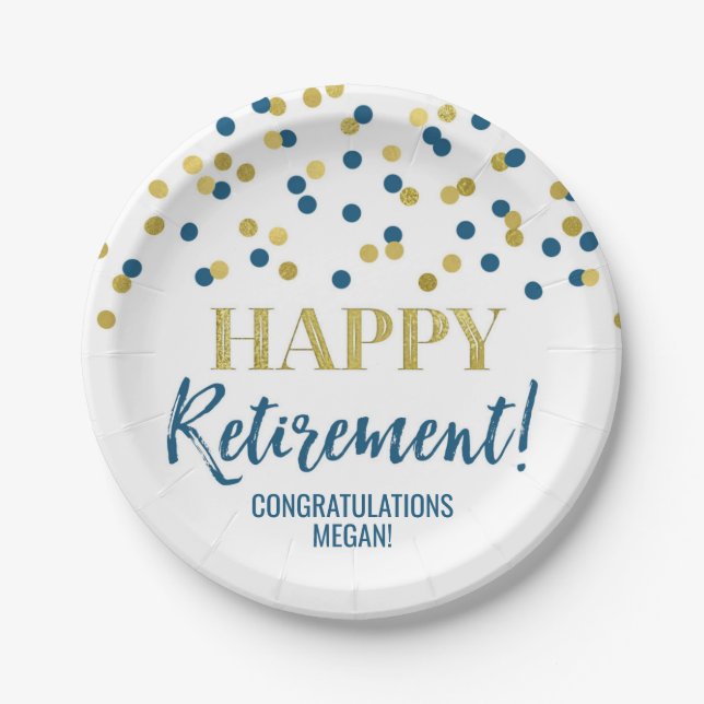 Blue Gold Confetti Happy Retirement Paper Plate (Front)