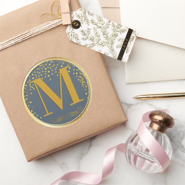 Blue & Gold Confetti Modern Wedding Classic Round Sticker (Gifting)