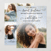 Blue Gold Confetti Photo Collage Sweet 16