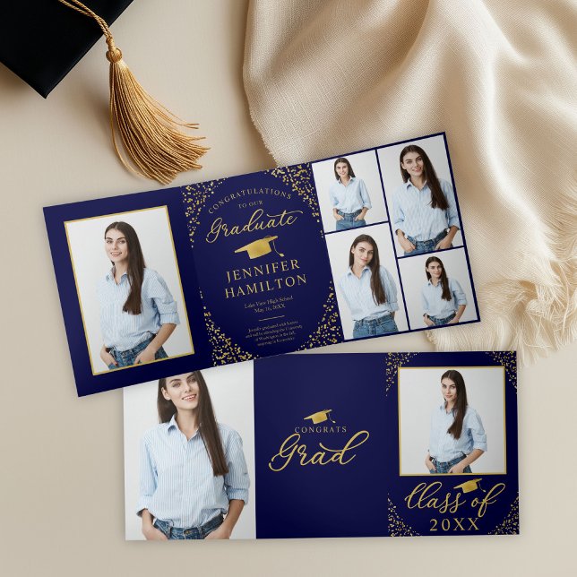 Blue Gold Confetti Photo Graduation Announcement  (Creator Uploaded)
