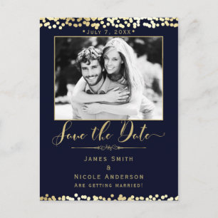 Blue & Gold Confetti Photo Wedding Save the Date Announcement Postcard