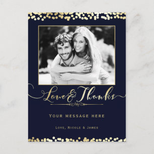 Blue & Gold Confetti Photo Wedding Thank You Postcard