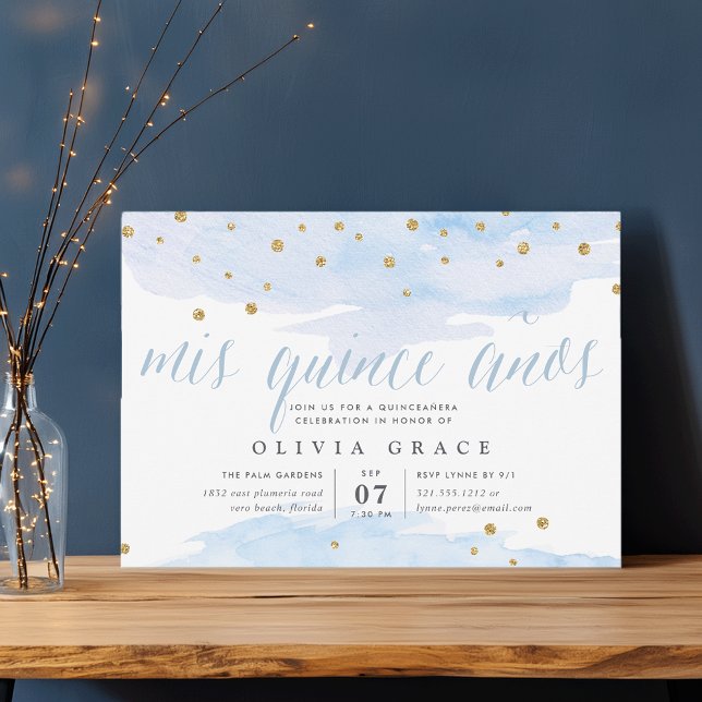 Blue & Gold Confetti Pop | Watercolor Quinceanera Invitation (Creator Uploaded)