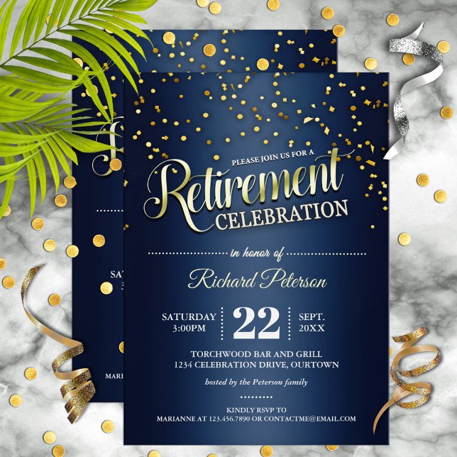 Blue|Gold Confetti Retirement Party Invitations (Creator Uploaded)