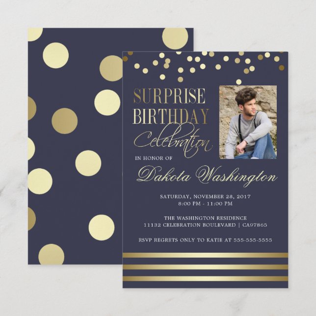 Blue Gold Confetti Stripe Photo Surprise Birthday Invitation (Front/Back)